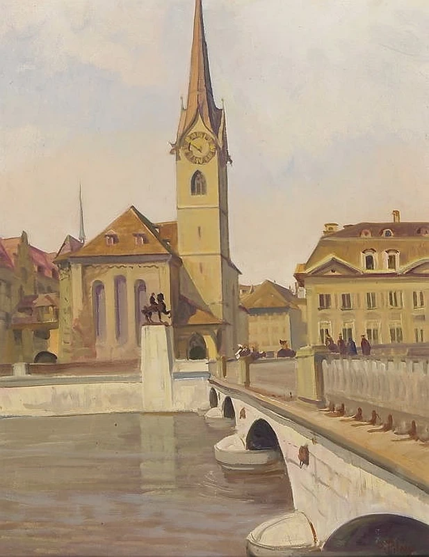 Veduta di Zurigo con Frauenmünster e Münsterbrück